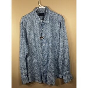 NWT David Donahue Shirt Blue 100% Linen Long Sleeve Geometric Print